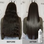 Side-by-side comparison of a woman’s wavy hair before and straight, shiny hair after using Silk Touch Keratin, with a bottle of Silk Touch Keratin shown in the lower right corner.
