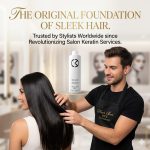 A male hairstylist applies Silk Touch Keratin to a woman’s long, straight hair in a salon, with the product bottle and promotional text visible in the background.