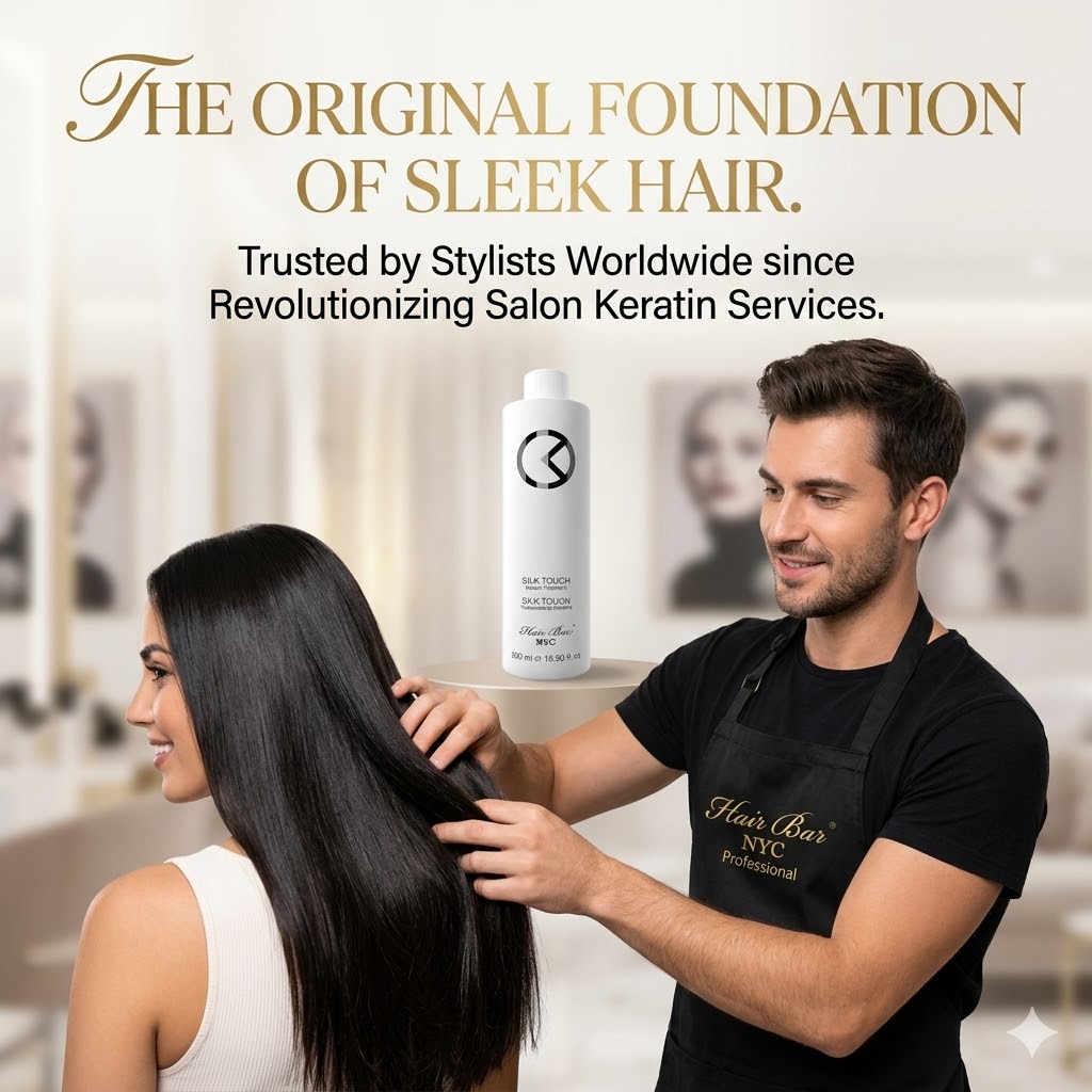 A male hairstylist applies Silk Touch Keratin to a woman’s long, straight hair in a salon, with the product bottle and promotional text visible in the background.