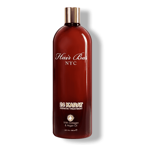 A brown bottle labeled "24 Karat Keratin" stands upright against a plain background, emphasizing the luxurious keratin treatment inside.