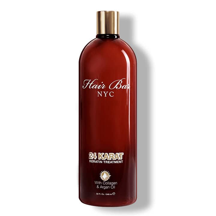 A brown bottle labeled "24 Karat Keratin" stands upright against a plain background, emphasizing the luxurious keratin treatment inside.