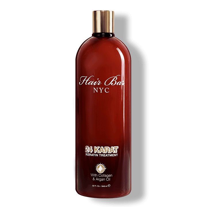 A brown bottle labeled "24 Karat Keratin" stands upright against a plain background, emphasizing the luxurious keratin treatment inside.