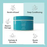 Ultimate Repair System Mask in a turquoise container at the center, surrounded by icons and text highlighting keratin-infused, deep conditioning formula that hydrates, smooths, repairs damage, and boosts shine.