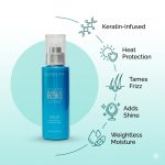Blue bottle of Ultimate Repair System Serum with icons and text highlighting benefits: keratin-infused, heat protection, frizz control, adds shine, and provides weightless moisture.