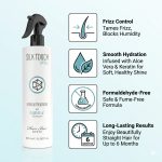 Silk Touch Plus Keratin spray bottle with icons and text showcasing its benefits: frizz control, smooth hydration, a formaldehyde-free formula, and results that last up to 6 months.