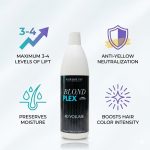 A bottle of Blond Plex Violet Developer 40 Volume is centered, with icons and text highlighting lift, anti-yellow effect, moisture preservation, and enhanced hair color intensity.