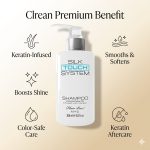 A bottle of Silk Touch System Shampoo with a pump, featured alongside icons and text emphasizing its keratin infusion, shine-enhancing, color-safe formula that smooths, softens, and is ideal for keratin aftercare.