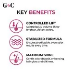 Infographic highlights G&C Cream Developer 30 Volume: delivers controlled lift for vibrant color, stabilized formula ensures consistent results, and provides maximum shine for glossy, silky hair.