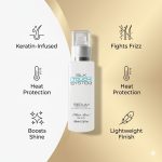 A bottle of Silk Touch System Serum is centered, with icons and text highlighting its keratin-infused formula for frizz control, heat protection, added shine, and a lightweight finish.