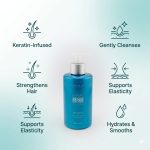 The Ultimate Repair System Shampoo comes in a blue bottle with five icons and text highlighting its keratin-infused formula that gently cleanses, strengthens hair, supports elasticity, hydrates, and smooths.