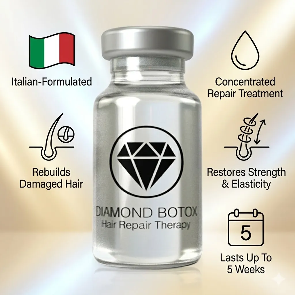 A vial labeled "Diamond Botox Hair Repair Treatment (Ampule)" with icons and text emphasizing Italian formulation, hair repair therapy, damage restoration, strength improvement, and results lasting up to 5 weeks.