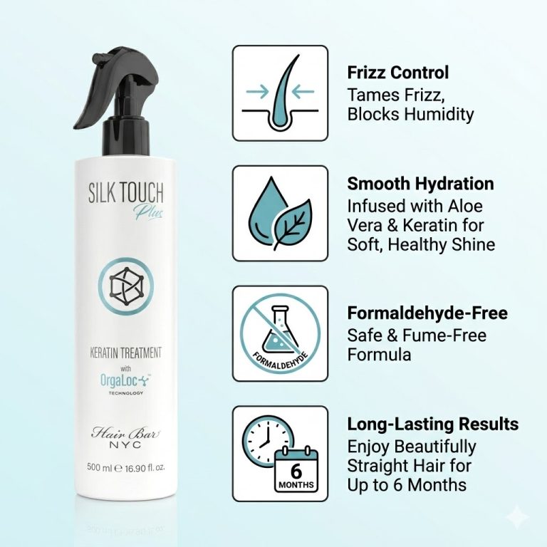 Silk Touch Plus Keratin spray bottle with icons and text showcasing its benefits: frizz control, smooth hydration, a formaldehyde-free formula, and results that last up to 6 months.