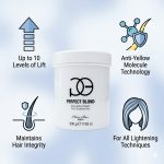 A white container of Perfect Blond Blue Lightener Powder is centered, with icons and text showcasing its powerful lift, anti-yellow effect, hair integrity protection, and exceptional lightening benefits.