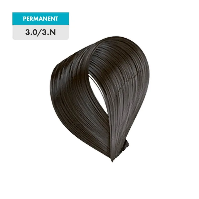 A swatch of dark brown hair dye labeled "PERMANENT" and "3.0 / 3.N - Dark Natural Brown" on a plain green background.