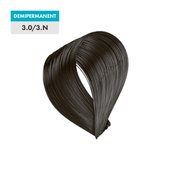 A sample of 3.0 - Dark Brown (Demipermanent) hair color is shown against a plain background.