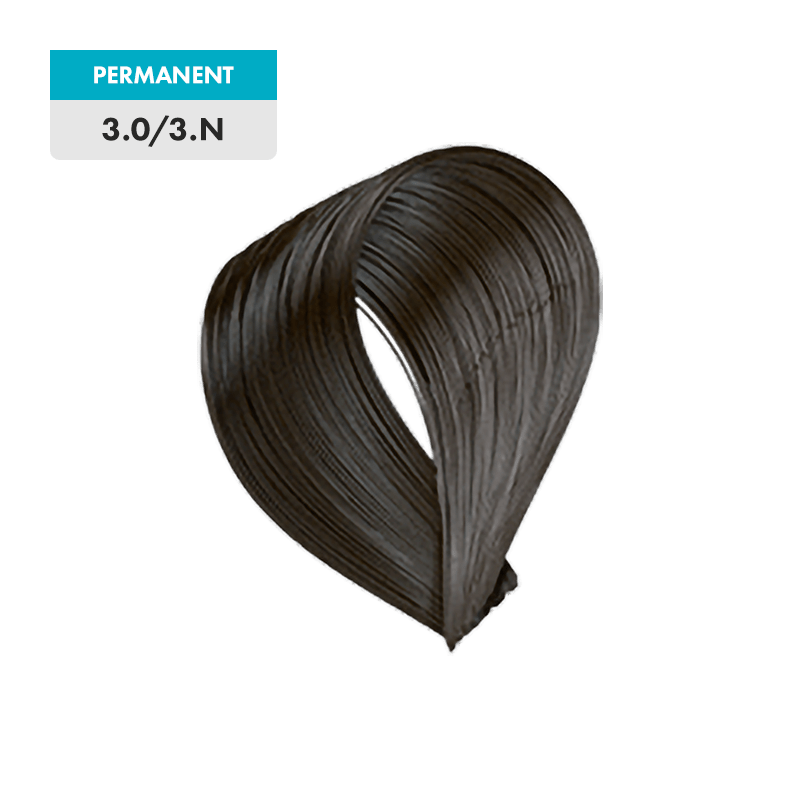 A swatch of 3.0 / 3.N - Dark Natural Brown permanent hair dye displayed against a transparent background.