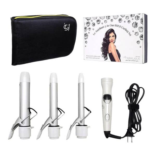 The 3IN1 Bold Curling Iron Set includes three interchangeable barrels, a handle with cord, carrying case, and a product box displaying a woman with curled hair.