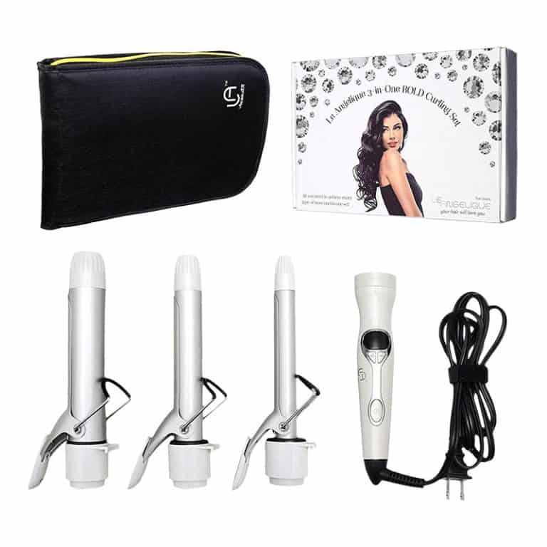 The 3IN1 Bold Curling Iron Set includes three interchangeable barrels, a handle with cord, carrying case, and a product box displaying a woman with curled hair.
