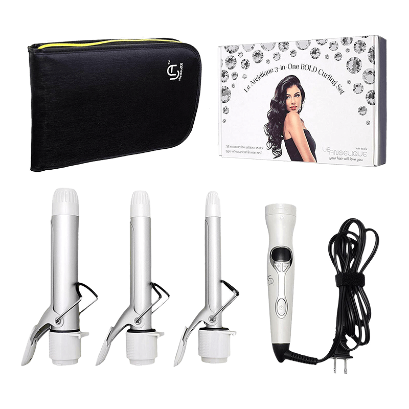 The 3IN1 Bold Curling Iron Set includes three interchangeable barrels, a handle with cord, carrying case, and a product box displaying a woman with curled hair.