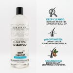 A 32 oz bottle of Clarifying Shampoo featuring deep cleansing, pH balance, and nourishment with ceramides and argan oil.