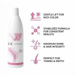 A white bottle of G&C Cream Developer 20 Volume is shown beside four text points: gentle lift, stabilized formula, maximum shine, and enhanced toning and depth.