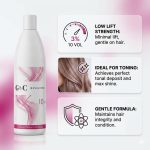 A white bottle labeled "G&C Cream Developer 10 Volume" is displayed next to graphics highlighting its gentle formula, toning benefits, and low lift strength for hair.