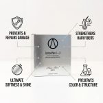 A silver box labeled "ArmorPlex Restructuring Treatment" is centered, with icons and text highlighting its unique formula: prevents damage, strengthens hair, adds shine, and preserves color and structure.