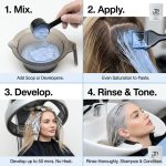 Four-step hair coloring: mix Perfect Blond Blue Lightener Powder with developer, apply to hair, develop under a dryer, then rinse and tone at the sink.