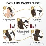 Five-step hair treatment: shampoo, towel dry, blow dry to 90%, section and apply 24 Karat Keratin, blow dry smooth with a brush, then flat iron small sections at 360–450°F.