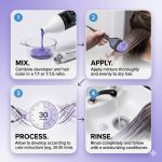 Step-by-step hair coloring: mix Blond Plex Violet Developer 20 Volume with color, apply to dry hair, process for 20–30 minutes, rinse thoroughly, and finish with conditioner.