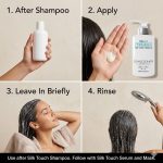 Follow these four steps: After shampooing, apply Silk Touch System Conditioner, leave it in briefly, and rinse. Each step is shown by a model.