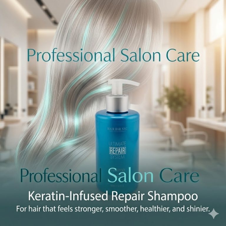A bottle of Ultimate Repair System Shampoo is displayed against a salon backdrop, highlighting professional care for stronger, smoother, healthier, and shinier hair.
