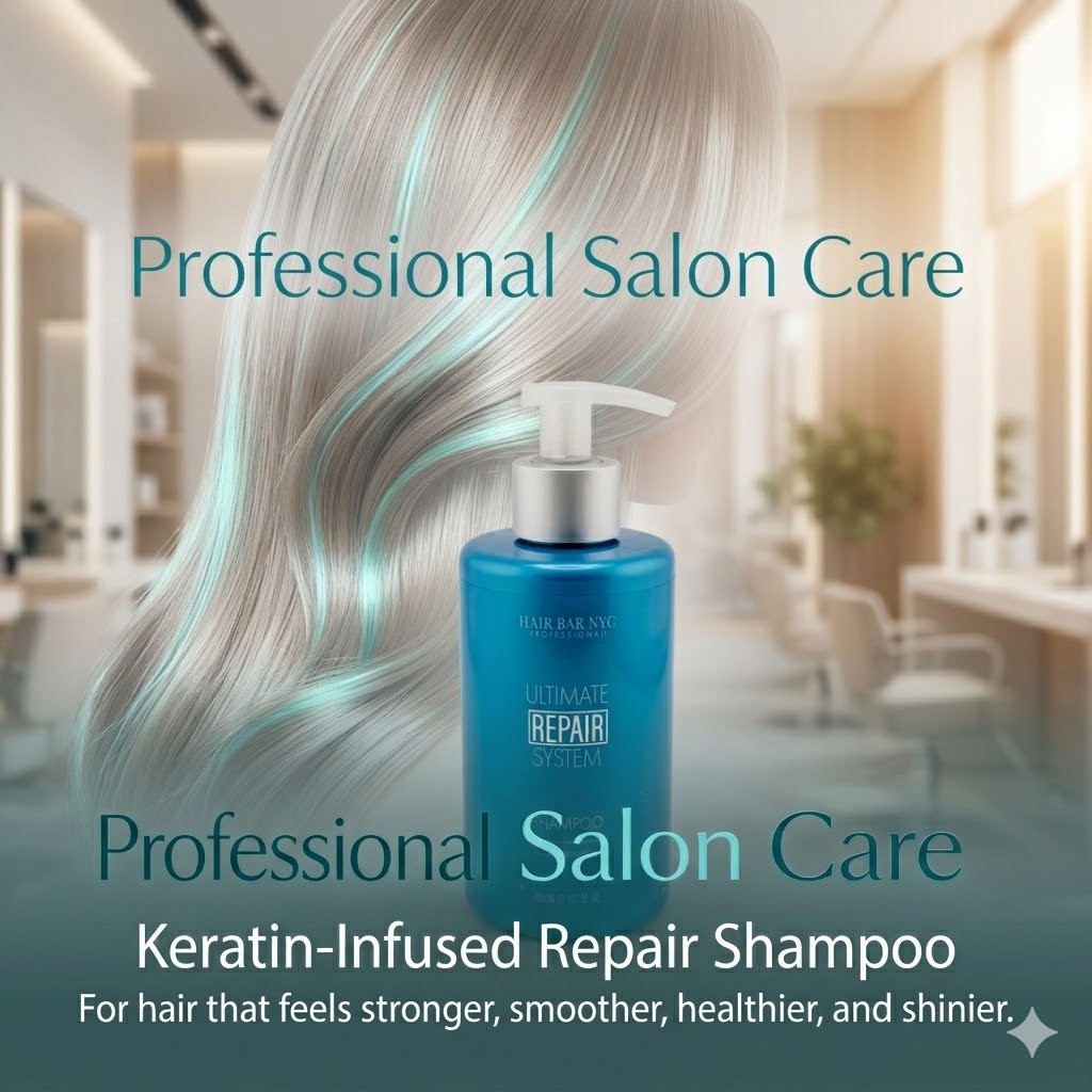 A bottle of Ultimate Repair System Shampoo is displayed against a salon backdrop, highlighting professional care for stronger, smoother, healthier, and shinier hair.