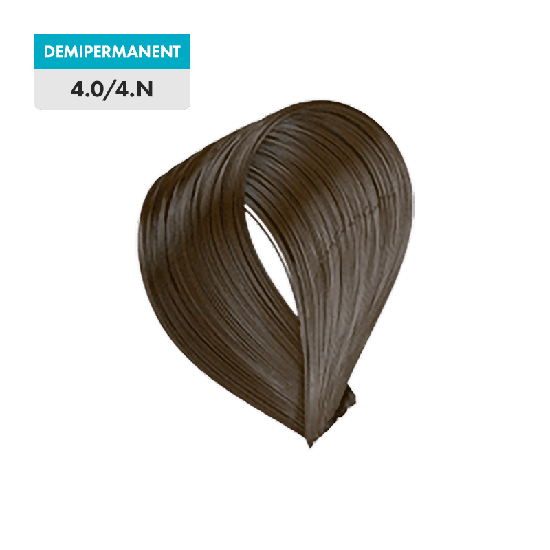 A swatch of 4.0 - Medium Brown (Demipermanent) hair color is shown on a green background.