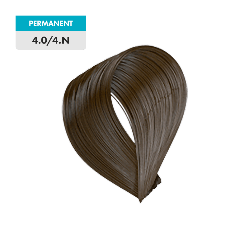 A swatch of dark brown permanent hair dye labeled “4.0 / 4.N - Medium Natural Brown” on a turquoise and white tag.