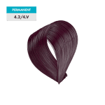 A swatch of 4.2 / 4.V - Medium Violet Brown hair dye appears dark violet, labeled with a teal and white tag.