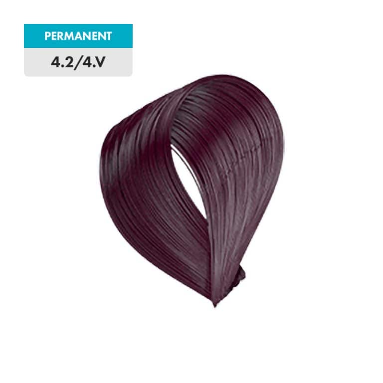 A swatch of 4.2 / 4.V - Medium Violet Brown hair dye appears dark violet, labeled with a teal and white tag.