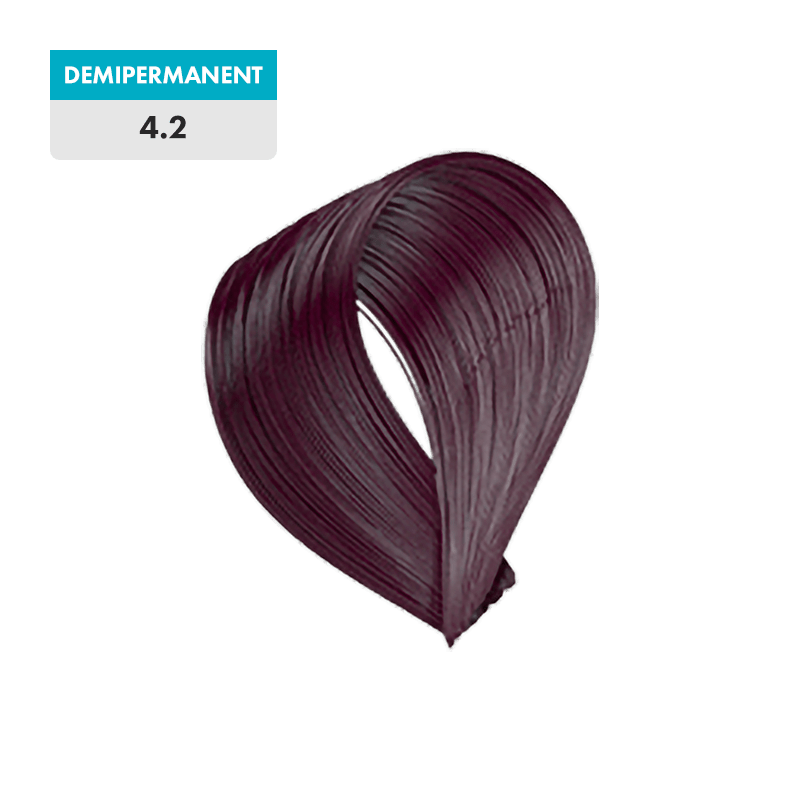 A swatch of 4.2 - Medium Violet Brown (Demipermanent) hair dye, a rich medium violet brown shade, is displayed against a green background.