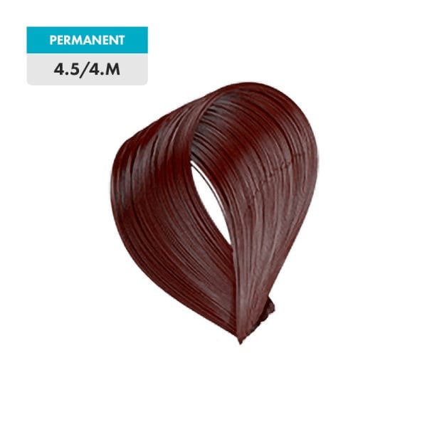 A swatch of 4.5 / 4.M - Medium Natural Brown Mahogany permanent hair color in a deep reddish-brown shade is displayed on a plain background.
