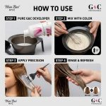 Four-step hair coloring: pour G&C Cream Developer 7 Volume into a bowl, mix with color, brush onto hair, then rinse and refresh. Before and after hair images are shown.