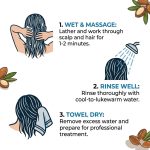 Step-by-step illustrated guide: wet hair, massage scalp with Clarifying Shampoo 32 oz, rinse thoroughly with lukewarm water, then towel dry hair before treatment.