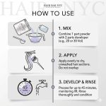 Infographic: How to use Blond Plex Violet Lightener Powder—mix powder with developer, apply to dry unwashed hair, process up to 45 min, then rinse and condition.