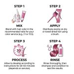 Four-step coloring with G&C Cream Developer 20 Volume: Mix color with developer, apply to hair, process for 20-40 minutes, then rinse, shampoo, and condition. Each step has an illustration.