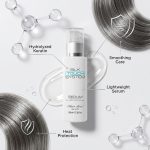 A bottle of Silk Touch System Serum is encircled by labels showcasing its features: hydrolyzed keratin, smoothing care, lightweight formula, and heat protection, alongside graphics of hair strands and molecules.