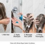 Four-step hair washing process: wet hair, apply Ultimate Repair System Shampoo, massage into lather, then rinse thoroughly under a shower in a tiled bathroom.