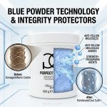 The image features Perfect Blond Blue Lightener Powder with graphics depicting its effects on hair cuticles before and after use, emphasizing its anti-yellow properties and strength-preserving benefits.