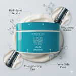 A turquoise jar of the Ultimate Repair System Mask is shown with callouts highlighting hydrolyzed keratin, long-lasting moisture, strengthening care, and color-safe care.
