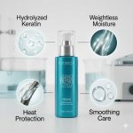 A blue bottle of Ultimate Repair System Serum is displayed, with text and graphics highlighting hydrolyzed keratin, heat protection, weightless moisture, and smoothing care.