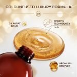 A close-up of 24 Karat Keratin displays labeled ingredients—24 karat gold, keratin helix technology, and argan oil—highlighting its luxurious benefits against a blurred gold background.