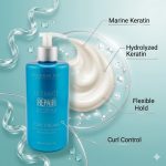 A blue bottle of Ultimate Repair System Curl Cream is displayed with a swirl of cream and features listed: Marine Keratin, Hydrolyzed Keratin, Flexible Hold, and Curl Control.